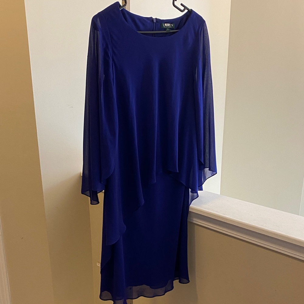 Ralph Lauren Royal Blue Long Sleeve Chiffon Layered Dress 12